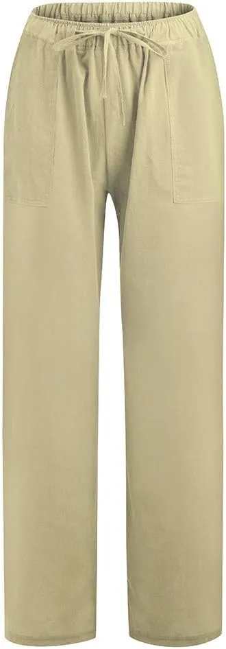 Women Linen Blend Summer Casual Loose Palazzo Lounge Pants Elastic Waist Baggy Stretchy Plus Size Trouser Trendy