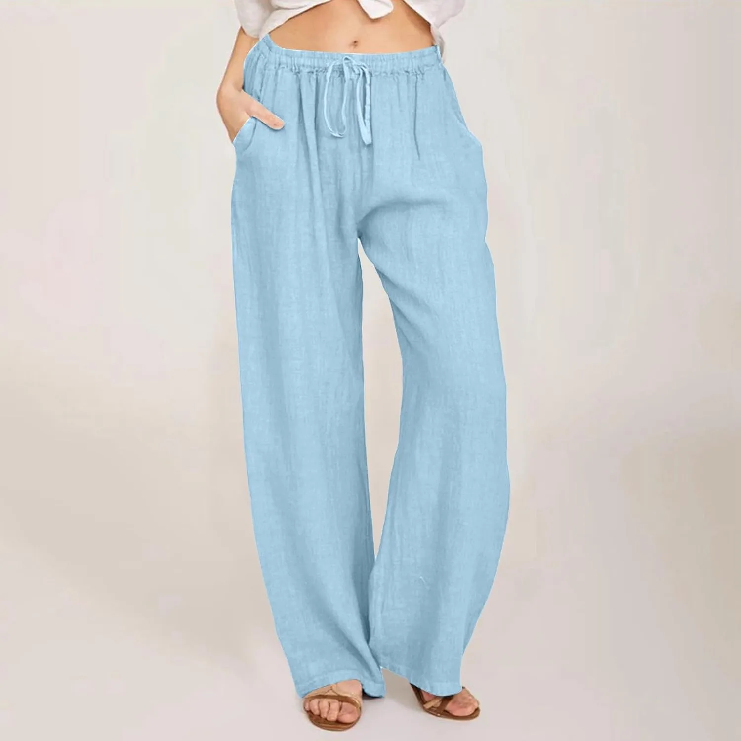 Women Linen Pants 2025 Summer Casual Wide Leg Palazzo Pants Elastic Waist Flowy Beach Vacation Trousers with Pockets
