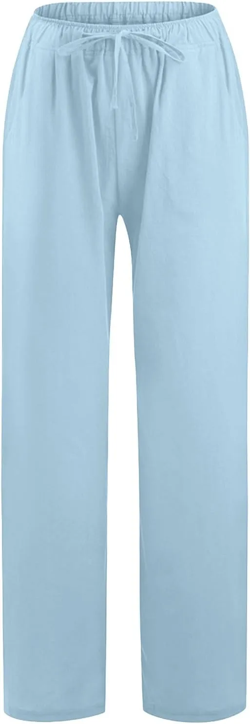 Women Linen Pants 2025 Summer Casual Wide Leg Palazzo Pants Elastic Waist Flowy Beach Vacation Trousers with Pockets