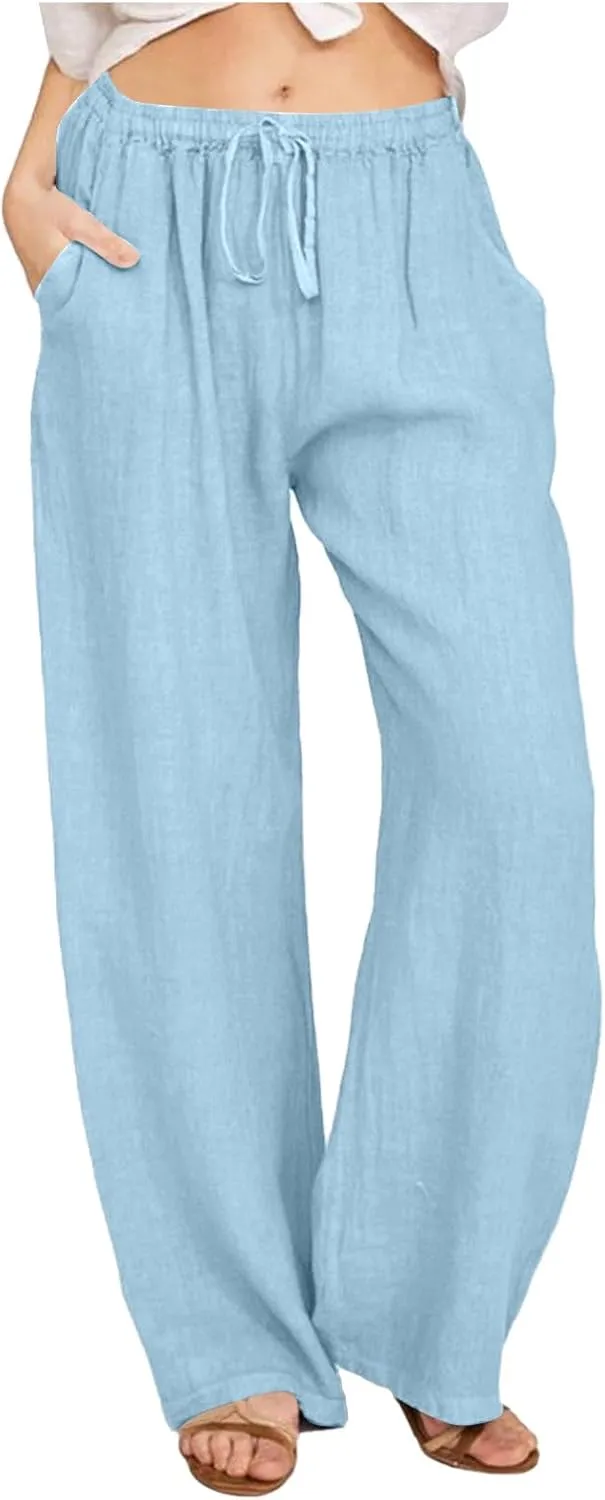 Women Linen Pants 2025 Summer Casual Wide Leg Palazzo Pants Elastic Waist Flowy Beach Vacation Trousers with Pockets