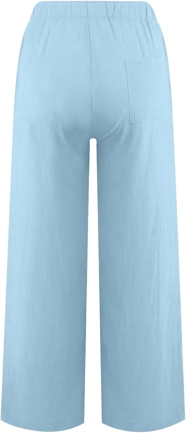 Women Linen Pants 2025 Summer Casual Wide Leg Palazzo Pants Elastic Waist Flowy Beach Vacation Trousers with Pockets