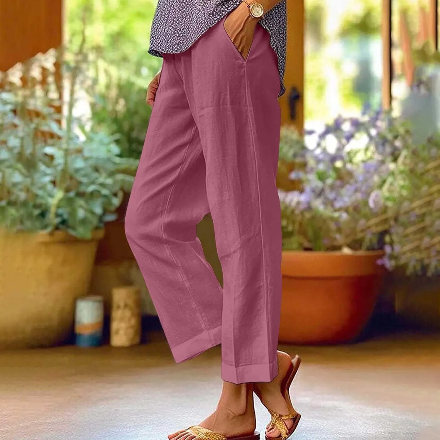 Women Plus Size Linen Pants Summer Casual Cotton Wide Leg Elastic High Waisted Loose Fit Long Trousers with Pockets