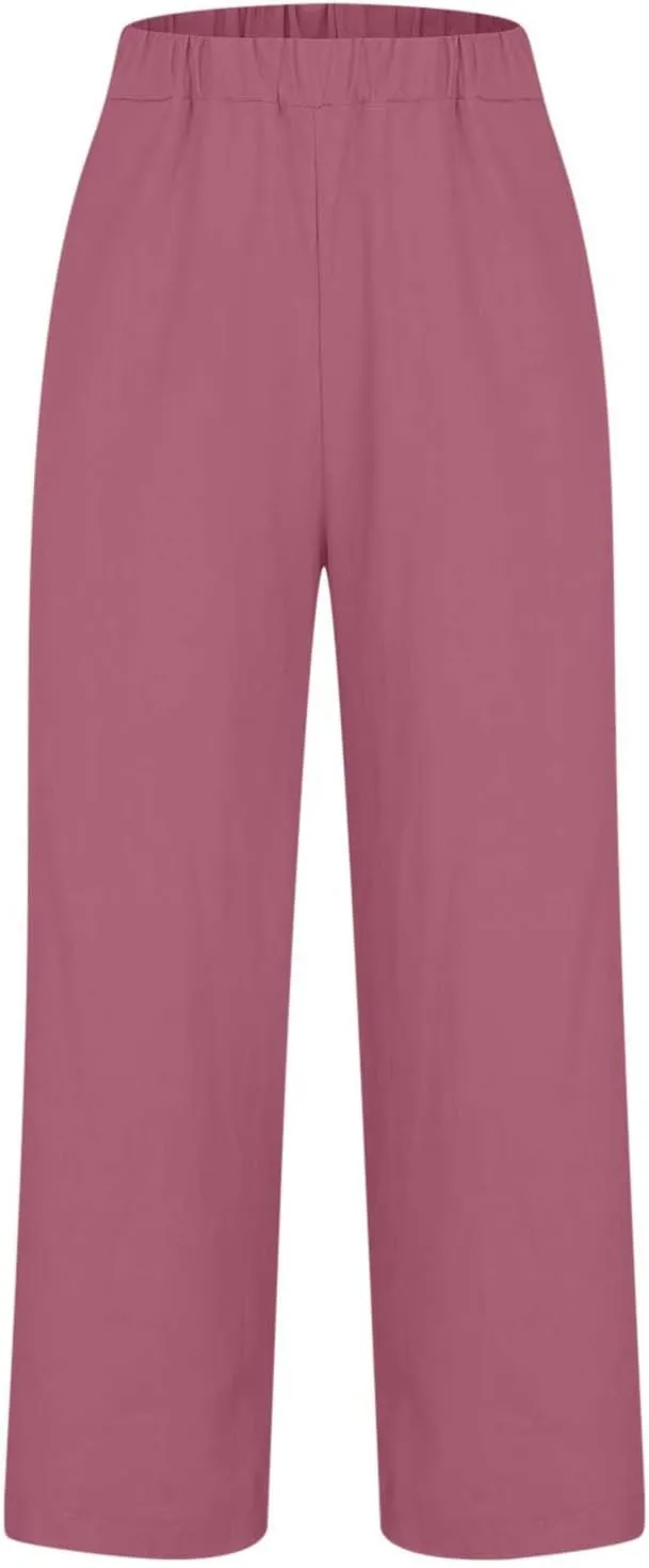 Women Plus Size Linen Pants Summer Casual Cotton Wide Leg Elastic High Waisted Loose Fit Long Trousers with Pockets