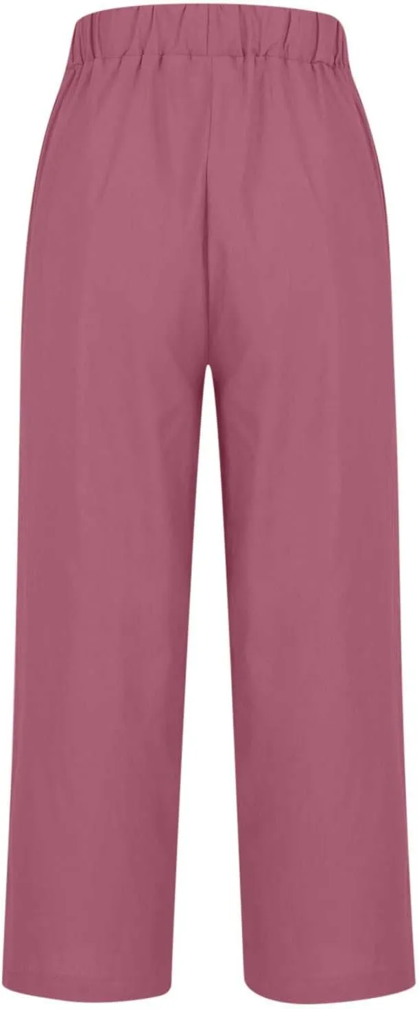 Women Plus Size Linen Pants Summer Casual Cotton Wide Leg Elastic High Waisted Loose Fit Long Trousers with Pockets