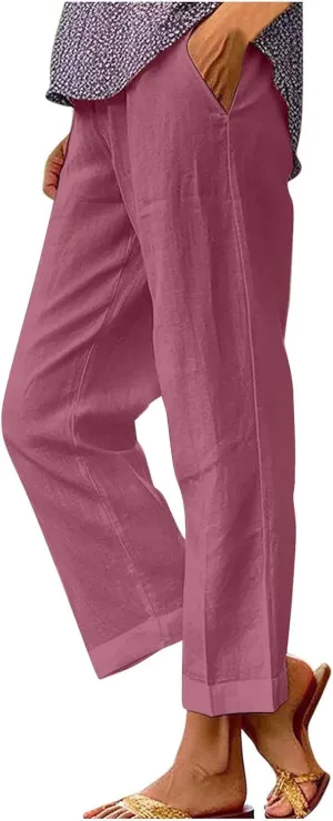 Women Plus Size Linen Pants Summer Casual Cotton Wide Leg Elastic High Waisted Loose Fit Long Trousers with Pockets