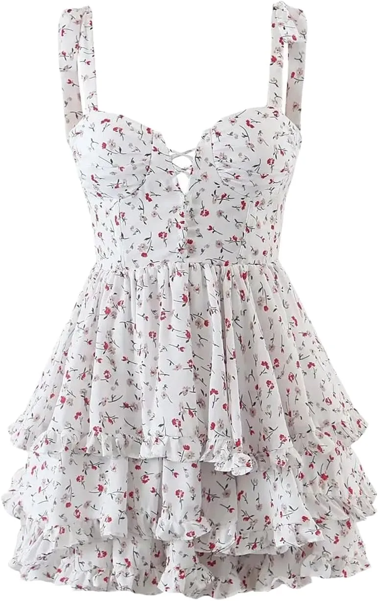 Women Slip Dress Floral Print Layer Ruffle Mini Dress Holiday Party Short Robe