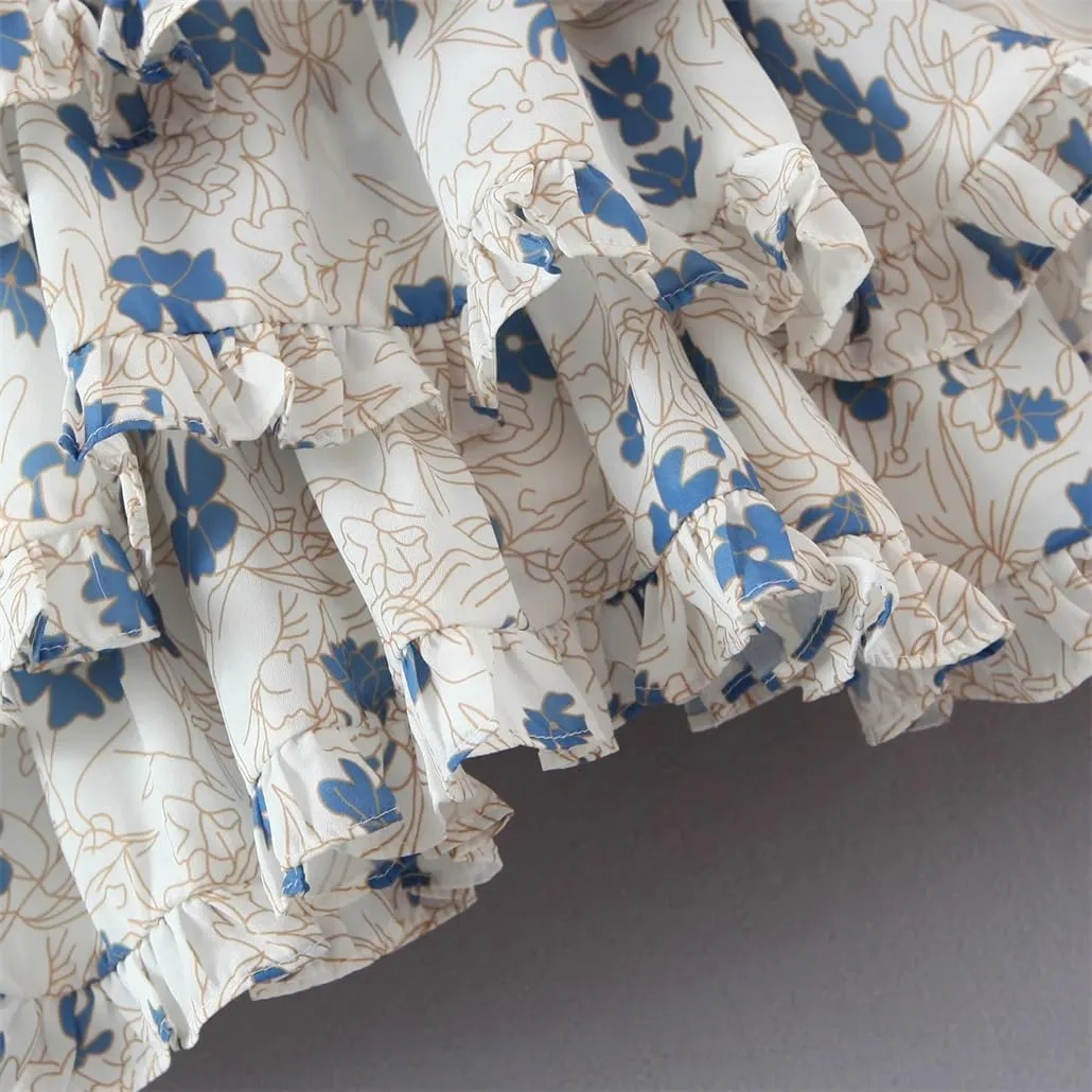 Women Slip Dress Floral Print Layer Ruffle Mini Dress Holiday Party Short Robe