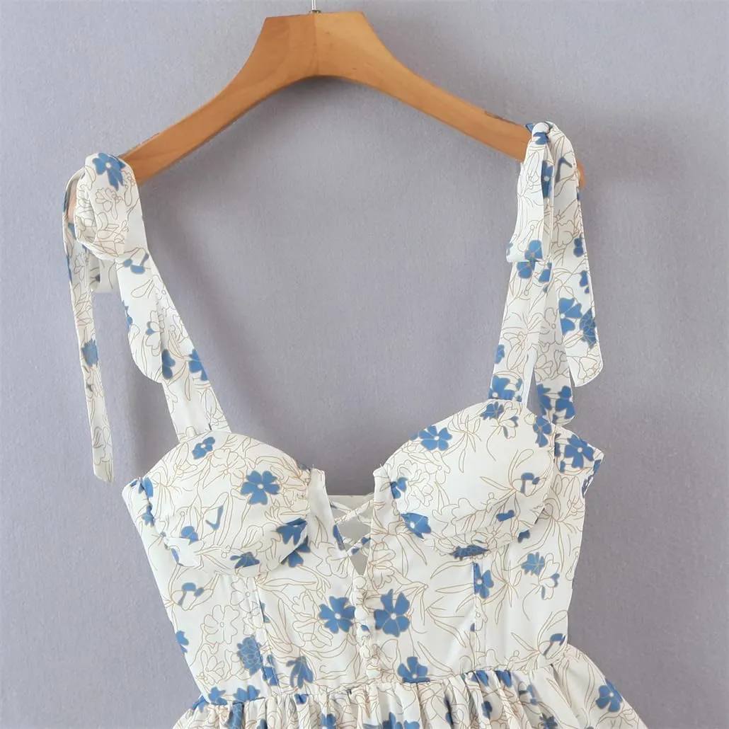Women Slip Dress Floral Print Layer Ruffle Mini Dress Holiday Party Short Robe