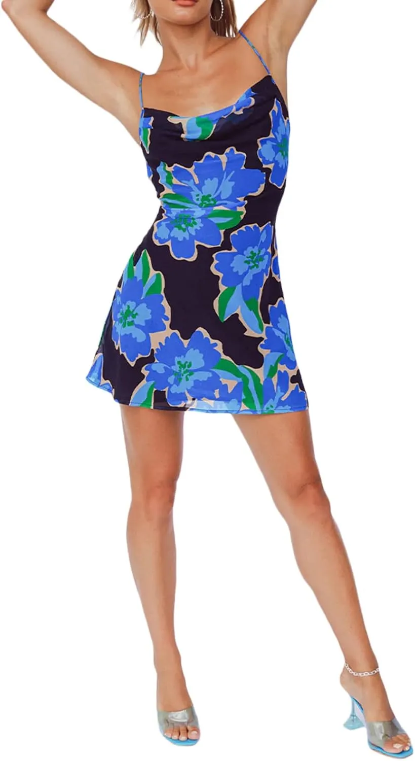 Women Spaghetti Strap Summer Floral Mini Dress Cowl Neck Sleeveless A Line Flare Short Cami Dress Beach Sundresses