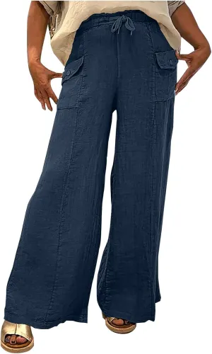 Women Summer Boho Cargo Pants Cotton Linen Baggy Wide Leg Beach Trousers Drawstring Waist Culottes with Pockets