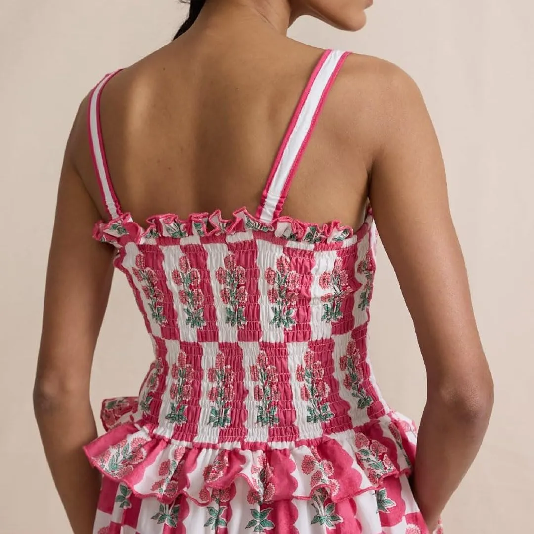 Women Summer Boho Tie Shoulder Dress Y2k Floral Smocked Flowy Long Dress Ruffle Tiered Beach Vocation Sundress
