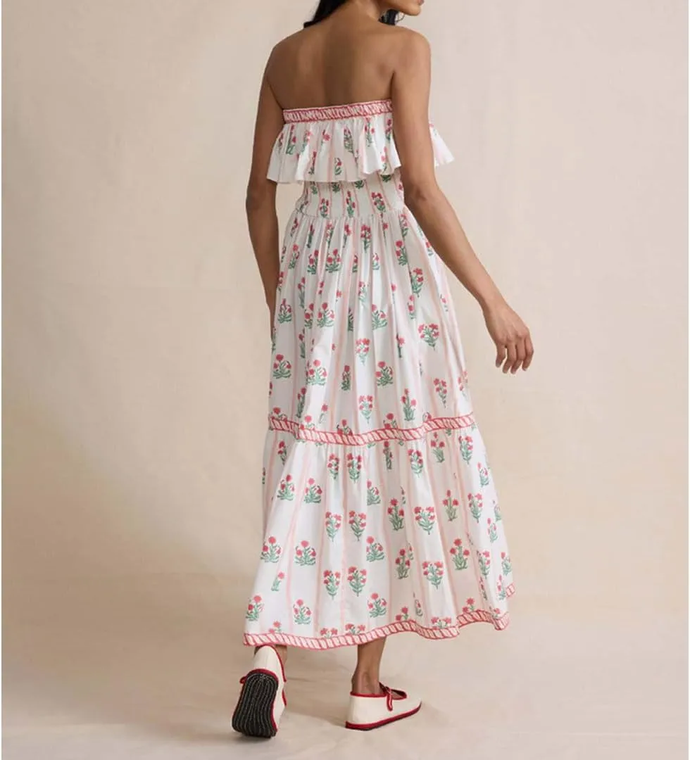 Women Summer Boho Tie Shoulder Dress Y2k Floral Smocked Flowy Long Dress Ruffle Tiered Beach Vocation Sundress