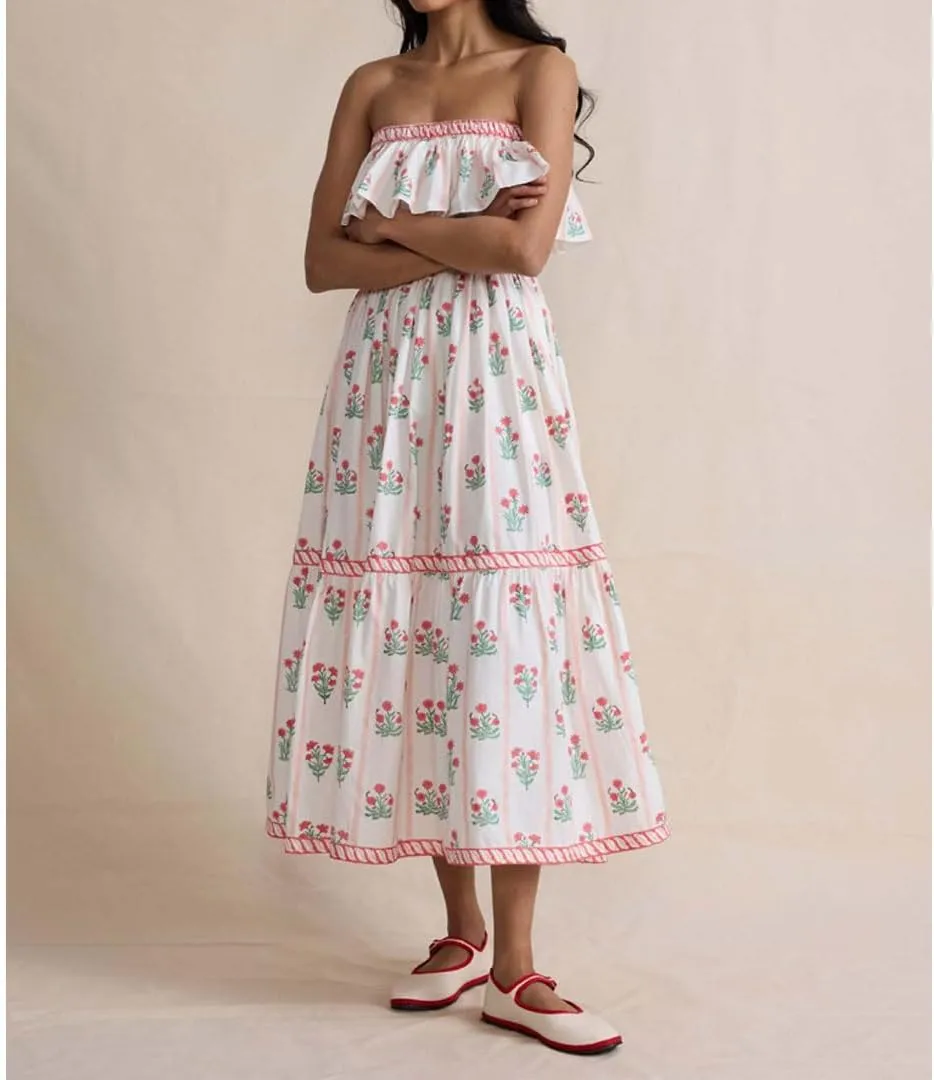 Women Summer Boho Tie Shoulder Dress Y2k Floral Smocked Flowy Long Dress Ruffle Tiered Beach Vocation Sundress