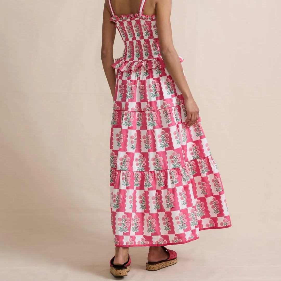 Women Summer Boho Tie Shoulder Dress Y2k Floral Smocked Flowy Long Dress Ruffle Tiered Beach Vocation Sundress