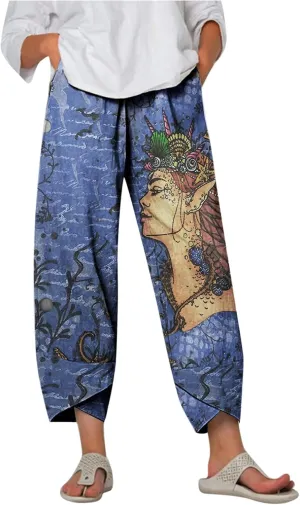 Women Summer Fashion Print Trousers Elastic Waist Wide Leg Pants Cotton Linen Summer Nine-Piece Trousers