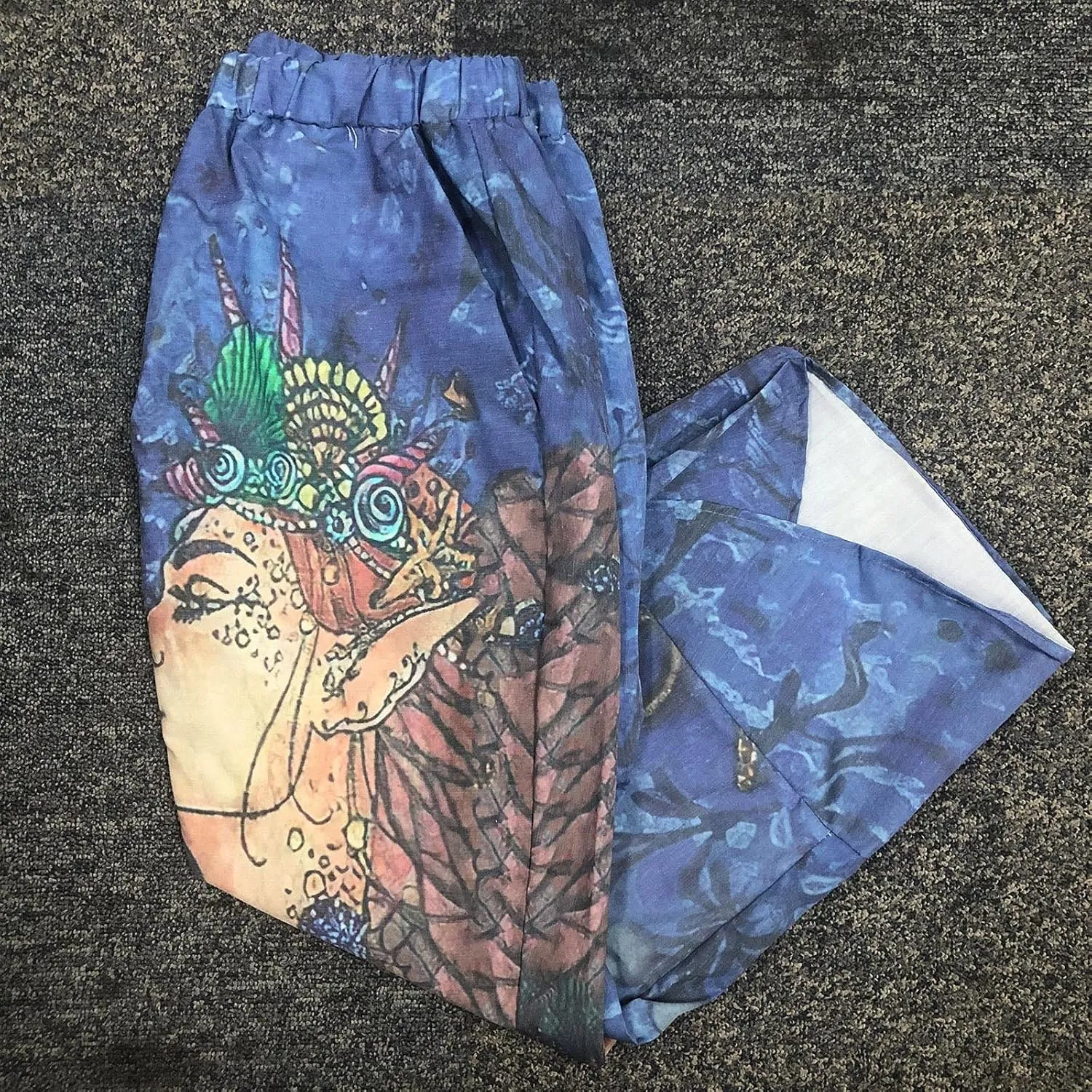 Women Summer Fashion Print Trousers Elastic Waist Wide Leg Pants Cotton Linen Summer Nine-Piece Trousers