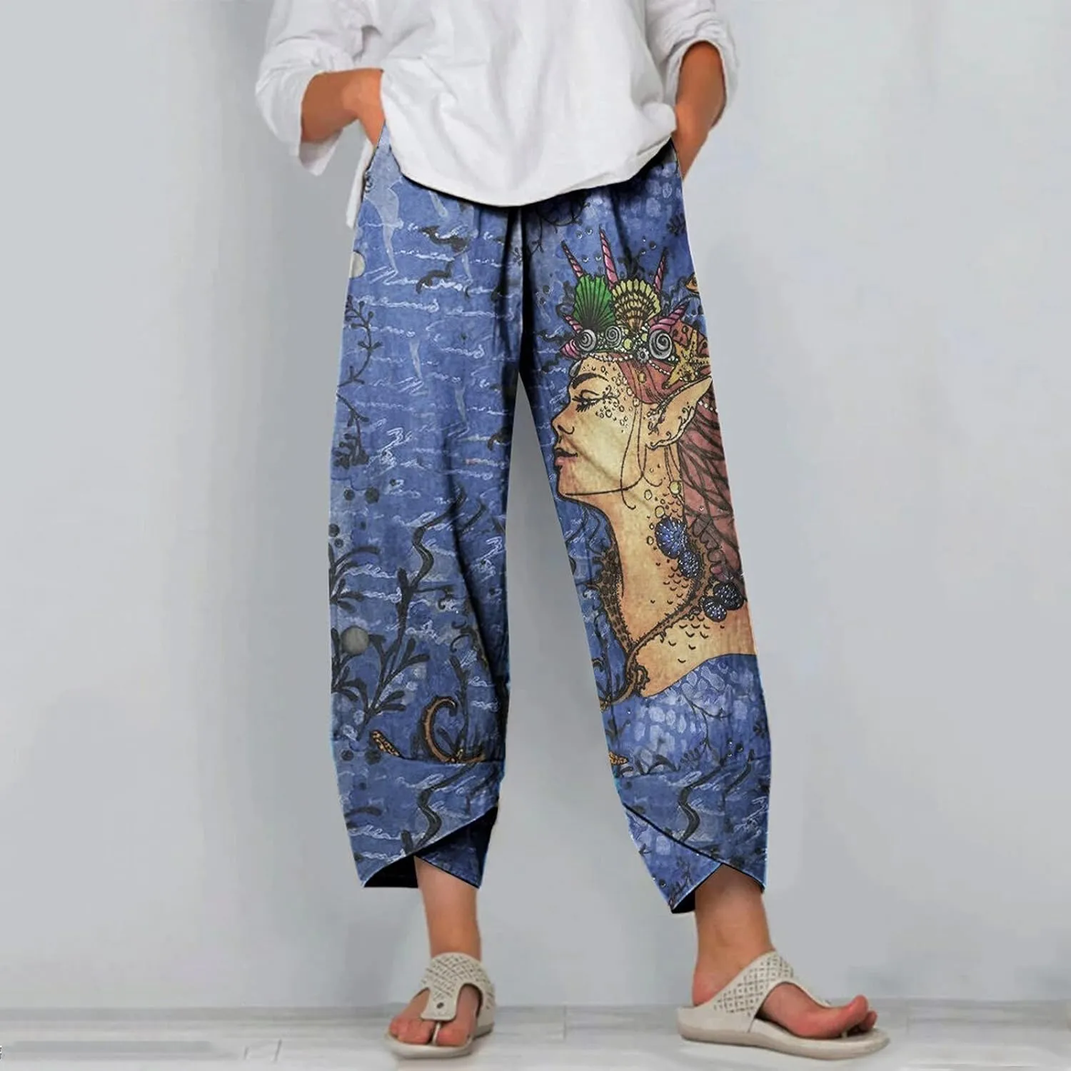Women Summer Fashion Print Trousers Elastic Waist Wide Leg Pants Cotton Linen Summer Nine-Piece Trousers