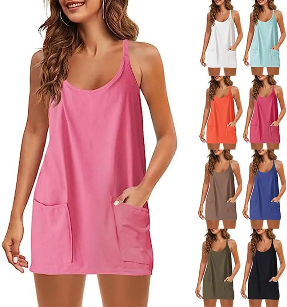 Women Summer Sleeveless Slip Dress Casual Solid Color Camisole Vest Tennis Athletic Dress