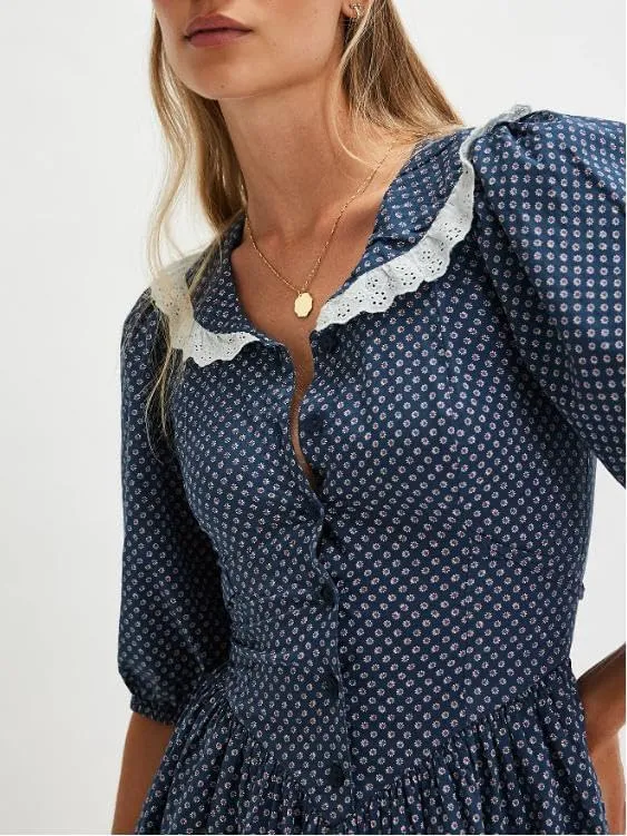 Women Vintage Floral Mini Dresses Lapel Babydoll Collar Half Puff Sleeve Button Down A Line Ruffle Dress