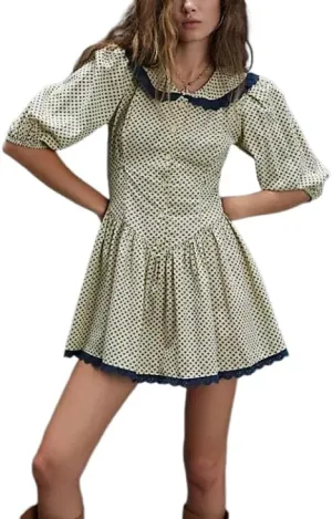 Women Vintage Floral Mini Dresses Lapel Babydoll Collar Half Puff Sleeve Button Down A Line Ruffle Dress