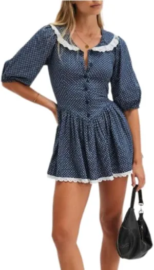Women Vintage Floral Mini Dresses Lapel Babydoll Collar Half Puff Sleeve Button Down A Line Ruffle Dress