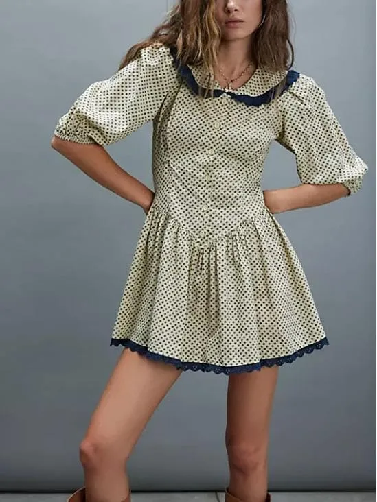 Women Vintage Floral Mini Dresses Lapel Babydoll Collar Half Puff Sleeve Button Down A Line Ruffle Dress