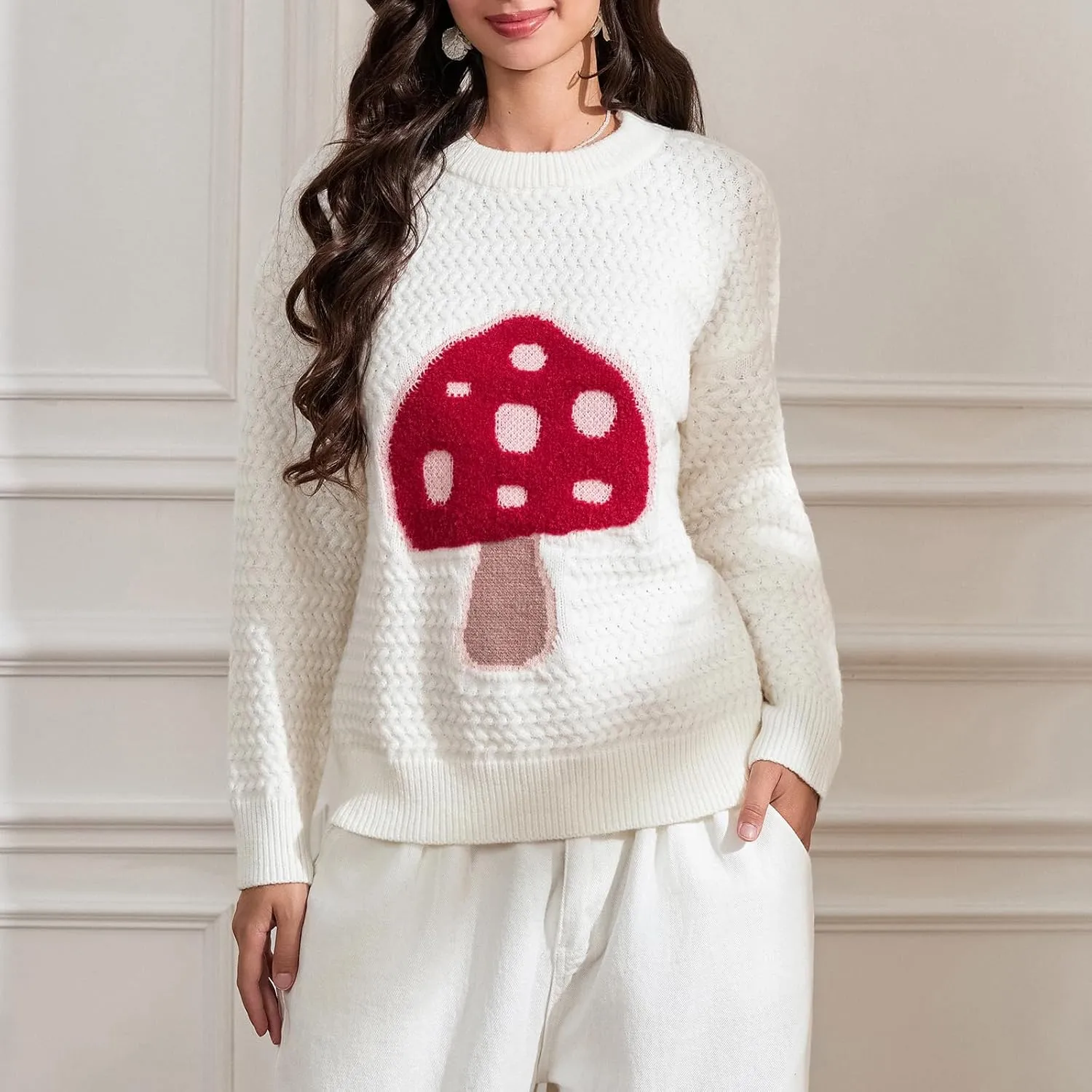Women Y2k Graphic Oversized Sweaters Long Sleeve Crewneck Cute Knit Pullover Crochet Knit Loose Jumper Top
