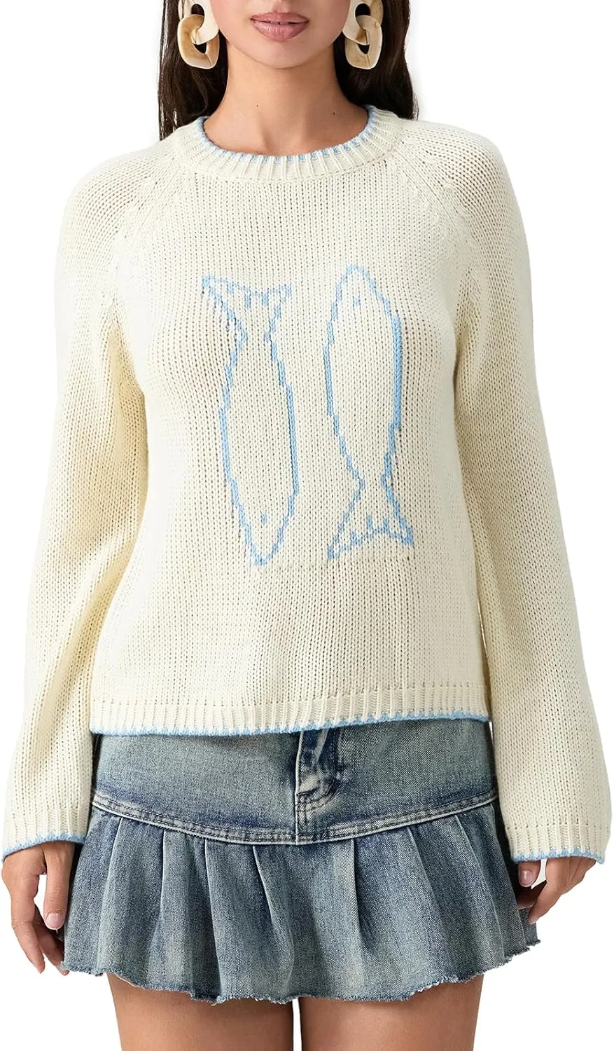 Women Y2k Graphic Oversized Sweaters Long Sleeve Crewneck Cute Knit Pullover Crochet Knit Loose Jumper Top