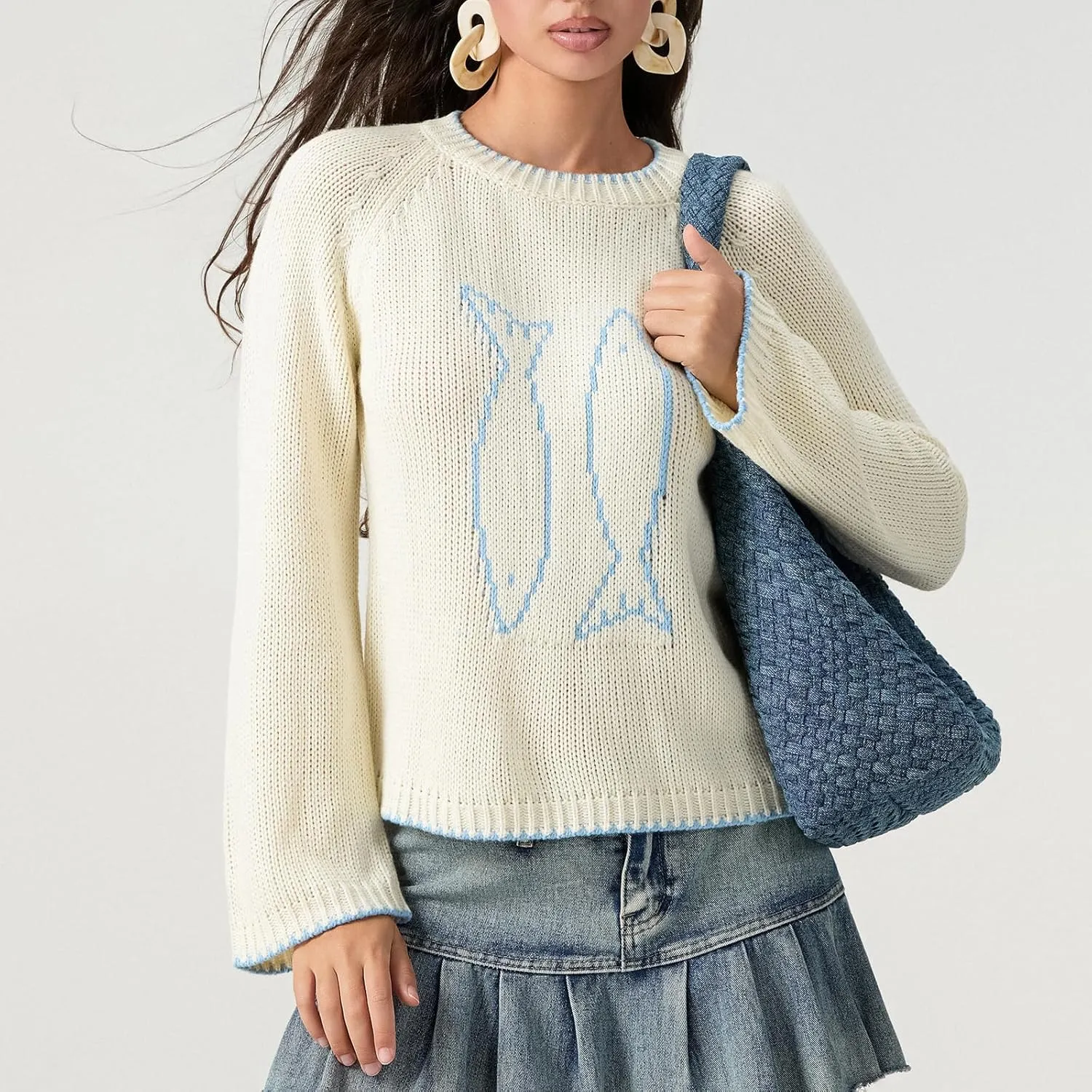 Women Y2k Graphic Oversized Sweaters Long Sleeve Crewneck Cute Knit Pullover Crochet Knit Loose Jumper Top