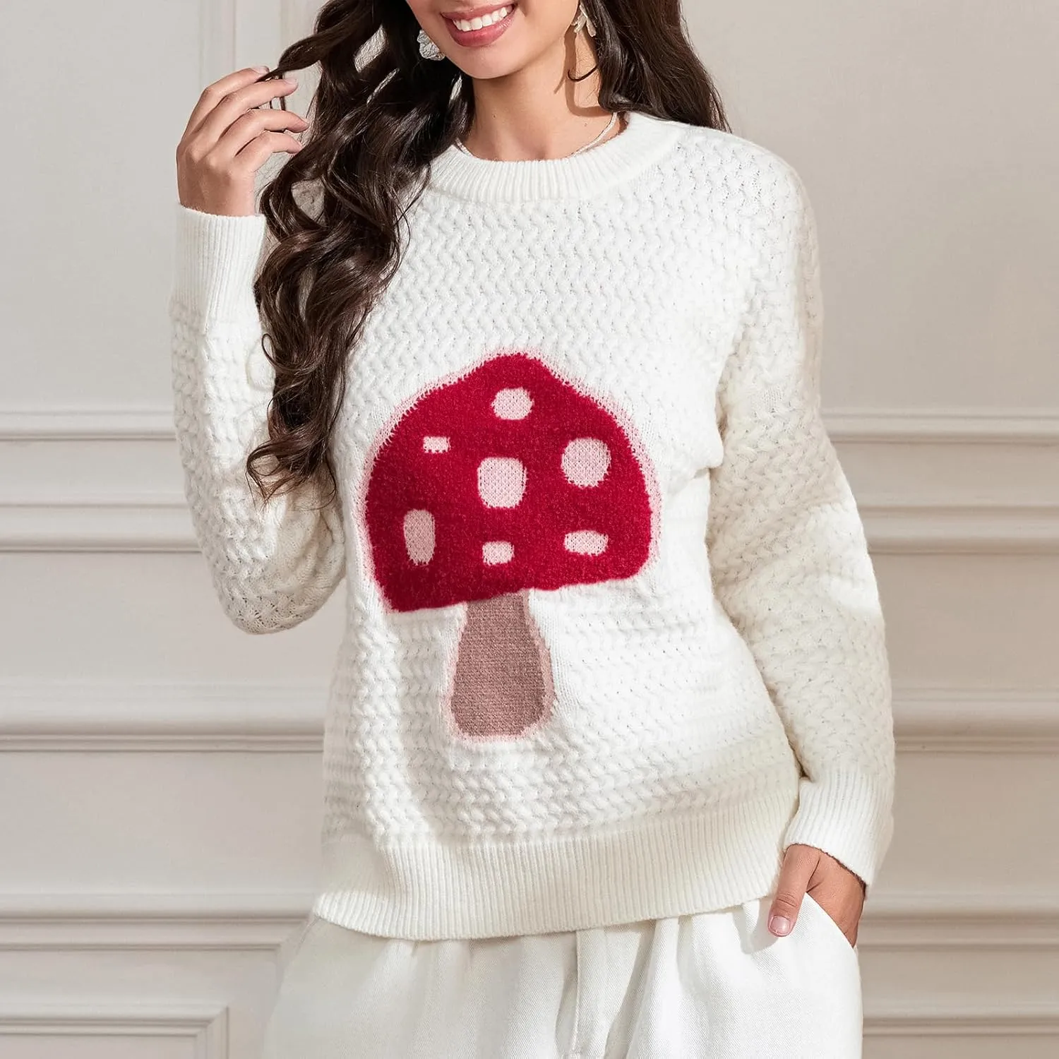 Women Y2k Graphic Oversized Sweaters Long Sleeve Crewneck Cute Knit Pullover Crochet Knit Loose Jumper Top