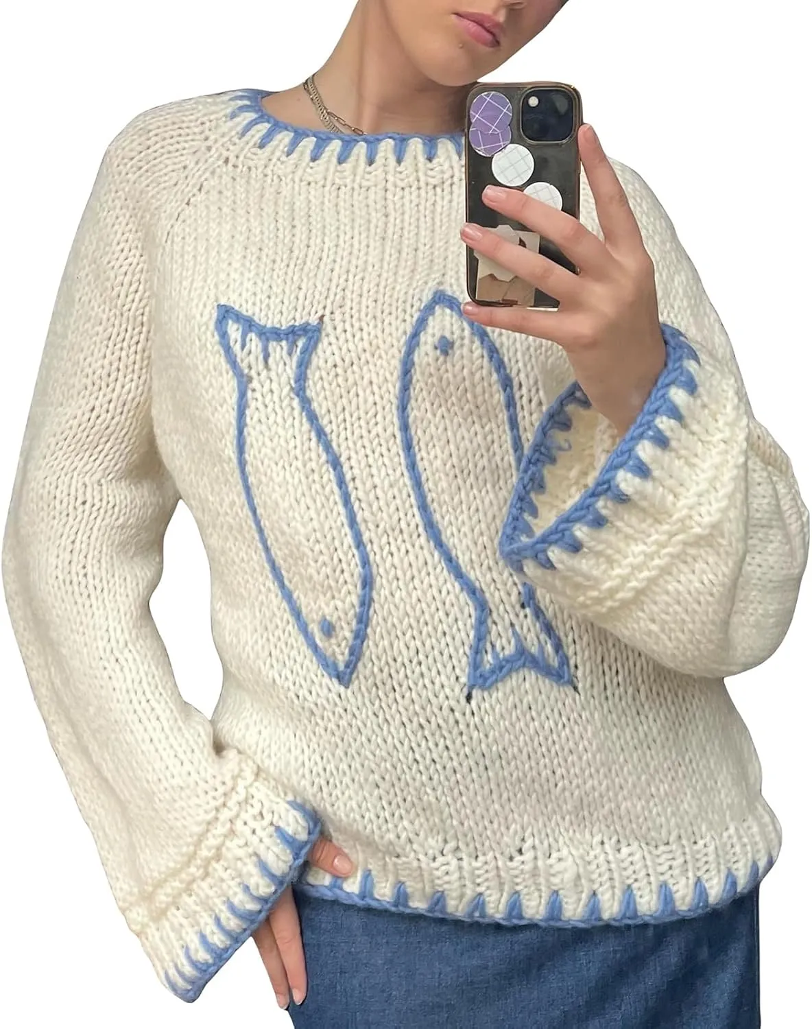 Women Y2k Graphic Oversized Sweaters Long Sleeve Crewneck Cute Knit Pullover Crochet Knit Loose Jumper Top