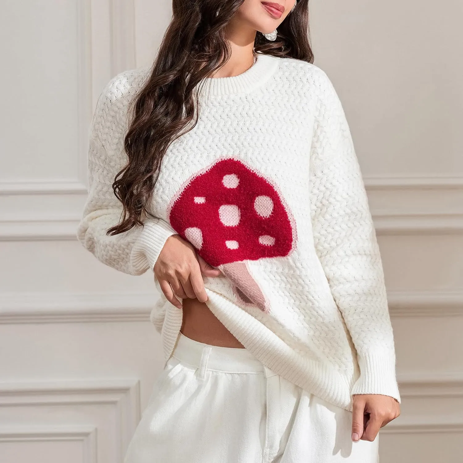 Women Y2k Graphic Oversized Sweaters Long Sleeve Crewneck Cute Knit Pullover Crochet Knit Loose Jumper Top