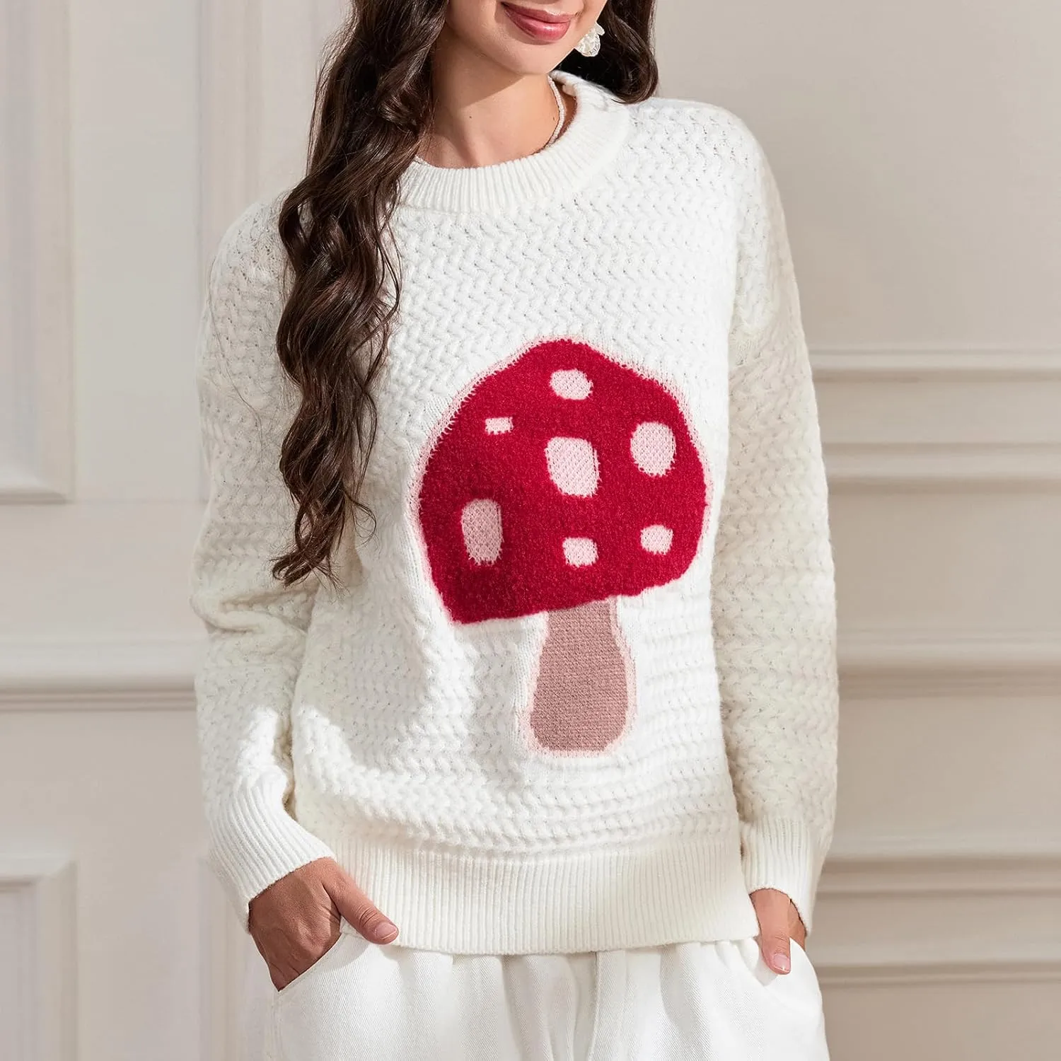 Women Y2k Graphic Oversized Sweaters Long Sleeve Crewneck Cute Knit Pullover Crochet Knit Loose Jumper Top