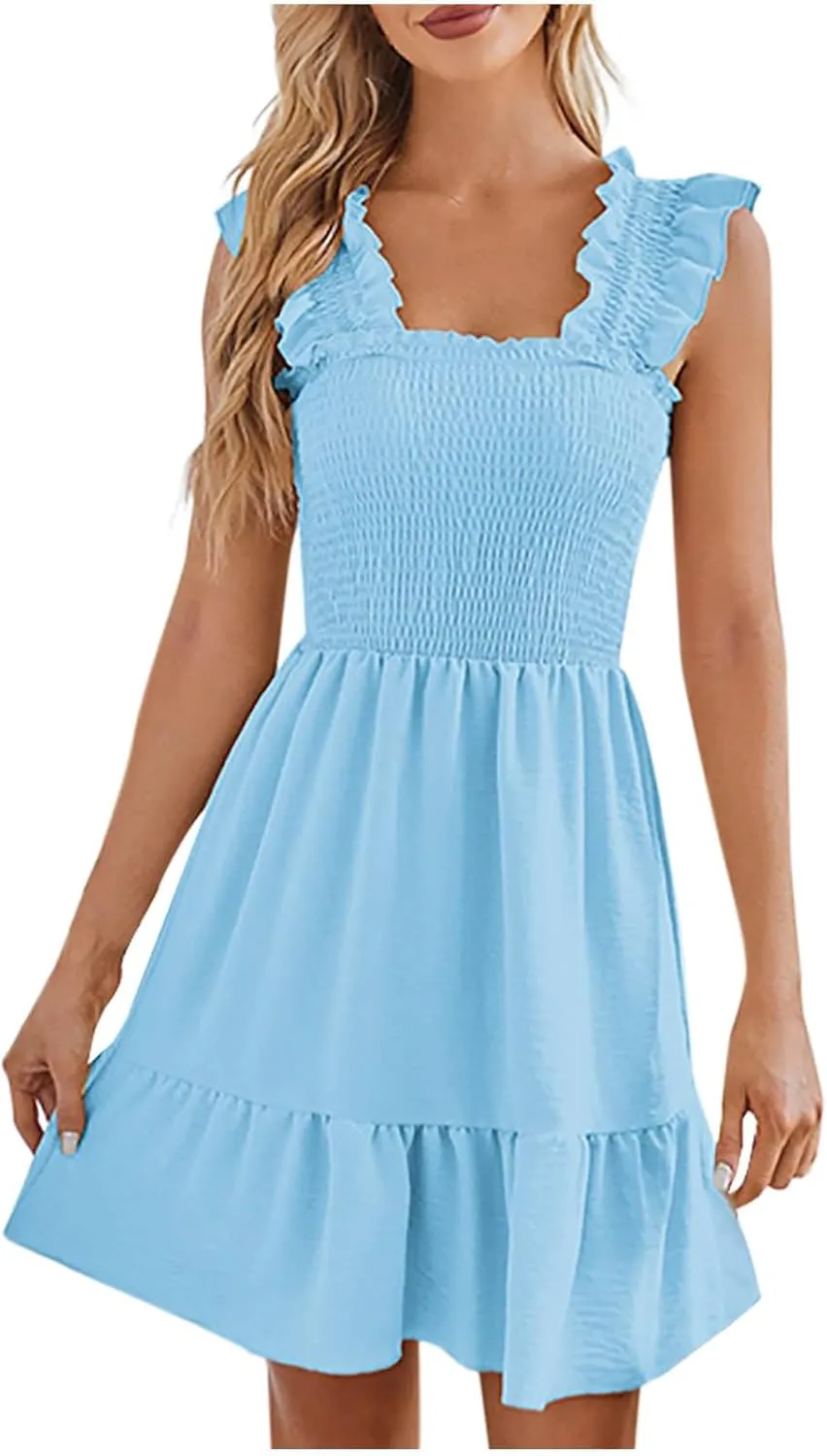 Womens 2025 Casual Dress Smocked Square Neck Sleeveless Boho A-Line Mini Dress Summer Strap Ruffle Swing Dresses