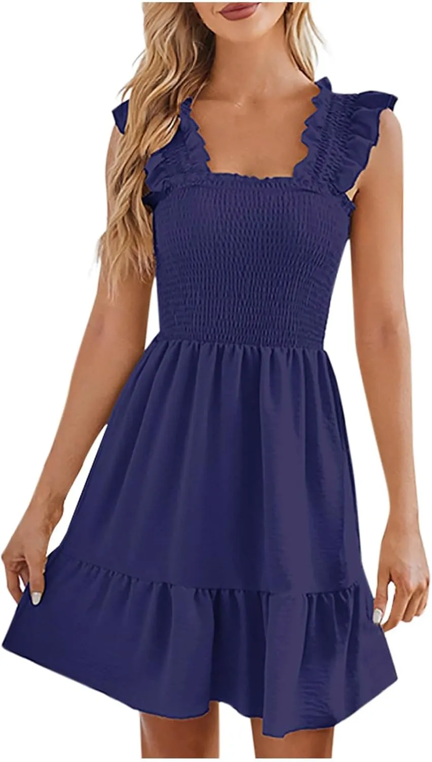 Womens 2025 Casual Dress Smocked Square Neck Sleeveless Boho A-Line Mini Dress Summer Strap Ruffle Swing Dresses