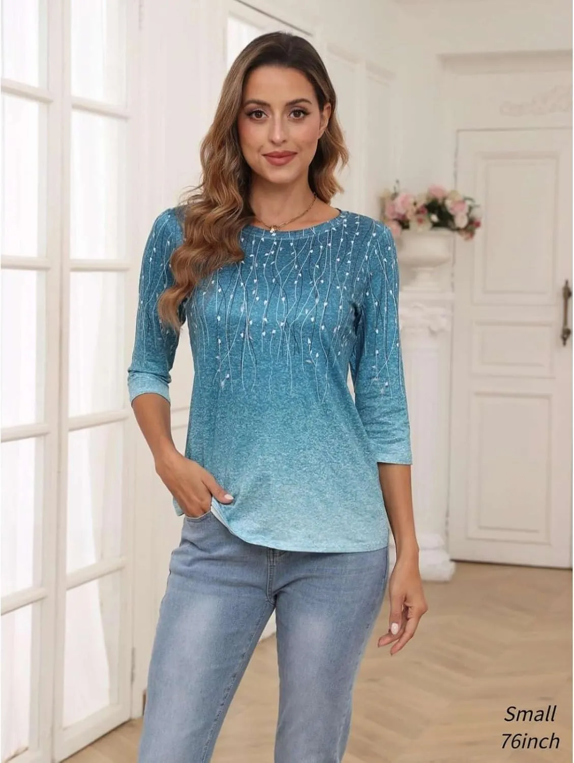 Women's 3/4 Length Sleeve Tops Casual Round Neck Tunic Shirts Spring Summer Basic Tees Loose Fit Business Work Blouse