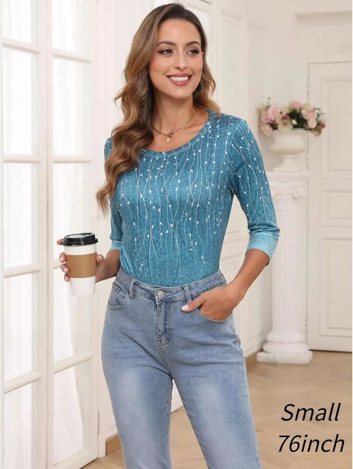Women's 3/4 Length Sleeve Tops Casual Round Neck Tunic Shirts Spring Summer Basic Tees Loose Fit Business Work Blouse
