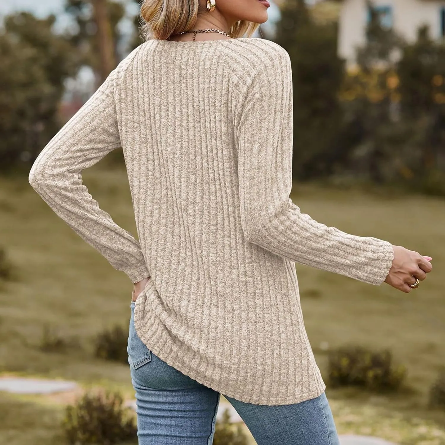 Womens Autumn Sweaters Solid Color Fashion Square Neck Long Sleeve Ribbed Knit Pullover Tops Loose Outdoor Sweatshirts