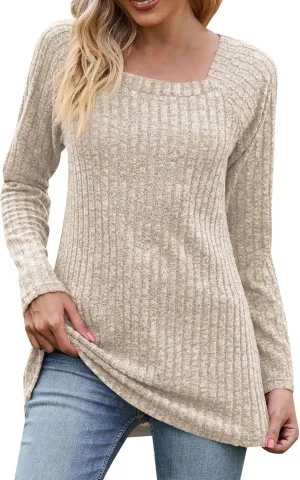 Womens Autumn Sweaters Solid Color Fashion Square Neck Long Sleeve Ribbed Knit Pullover Tops Loose Outdoor Sweatshirts