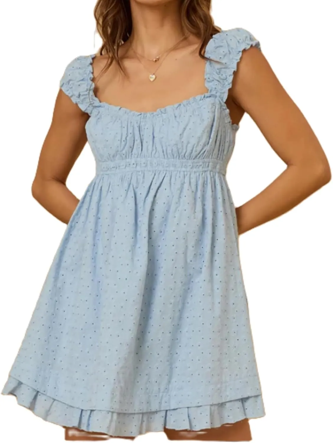 Womens Babydoll Mini Dress Y2K Sleeveless Square Neck Lace A-Line Ruffle Flowy Short Summer Beach Dress