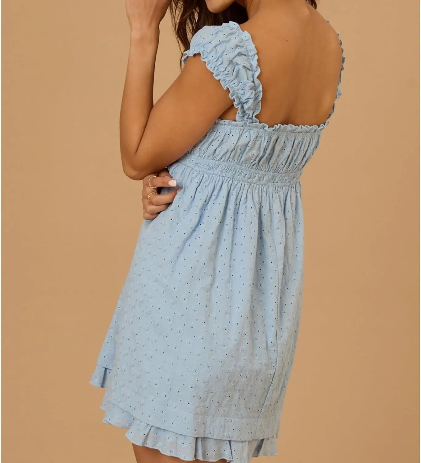 Womens Babydoll Mini Dress Y2K Sleeveless Square Neck Lace A-Line Ruffle Flowy Short Summer Beach Dress