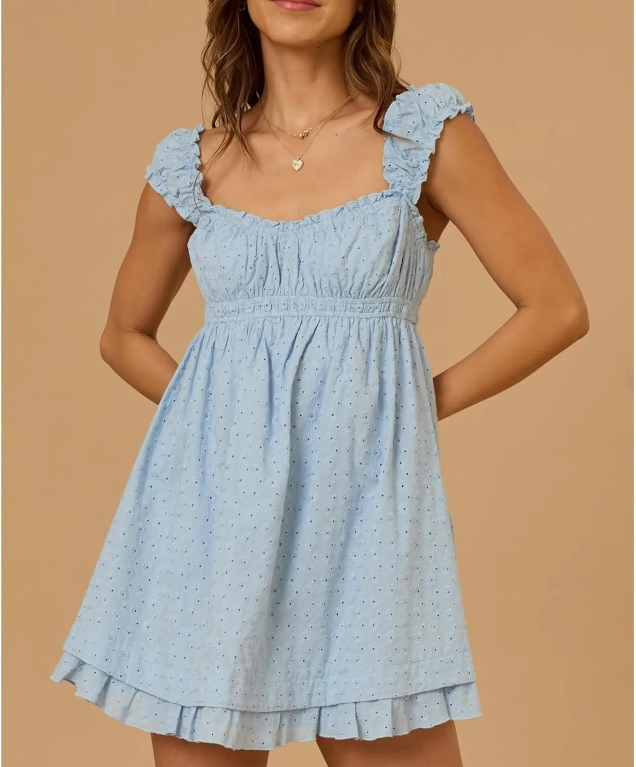 Womens Babydoll Mini Dress Y2K Sleeveless Square Neck Lace A-Line Ruffle Flowy Short Summer Beach Dress