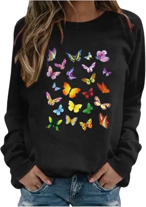 Women's Basic Hoddies Solid Color Cute Printed Loose Comfy Round Neck Long Sleeve Pullover Tunics Outdoor Running Tops