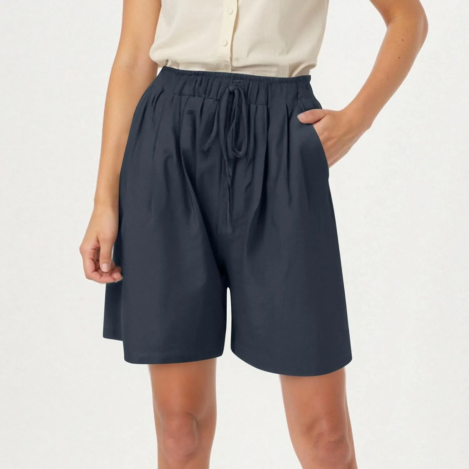 Womens Bermuda Linen Shorts Wide Leg Elastic High Waisted Shorts Casual Summer Flowy Trouser Short Pants with Pockets