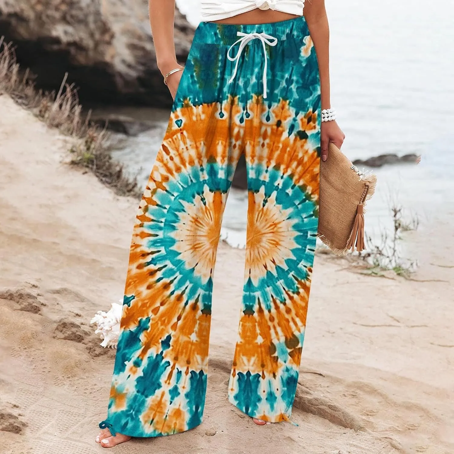 Women's Boho Floral Linen Pants 2025 Summer Boho Wide Leg High Waist Lounge Pant 2025 Beach Travel Vacation Outfits