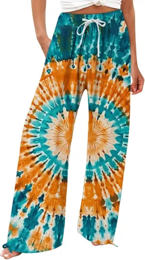 Women's Boho Floral Linen Pants 2025 Summer Boho Wide Leg High Waist Lounge Pant 2025 Beach Travel Vacation Outfits