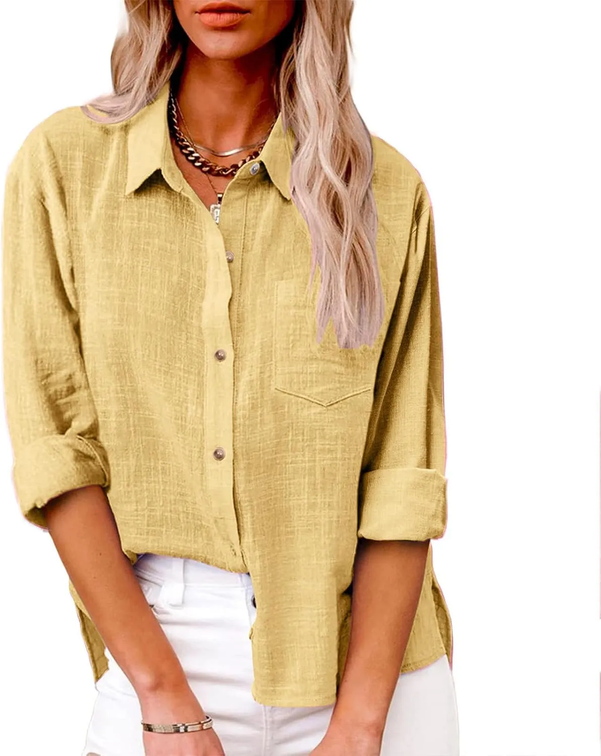Womens Button Down Linen Shirt Casual Long Sleeve Lapel Shirts Fashion Solid Color Blouse Tops with Pockets