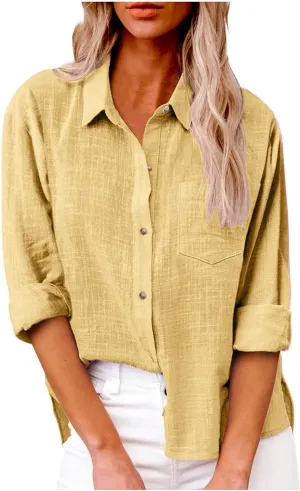 Womens Button Down Linen Shirt Casual Long Sleeve Lapel Shirts Fashion Solid Color Blouse Tops with Pockets