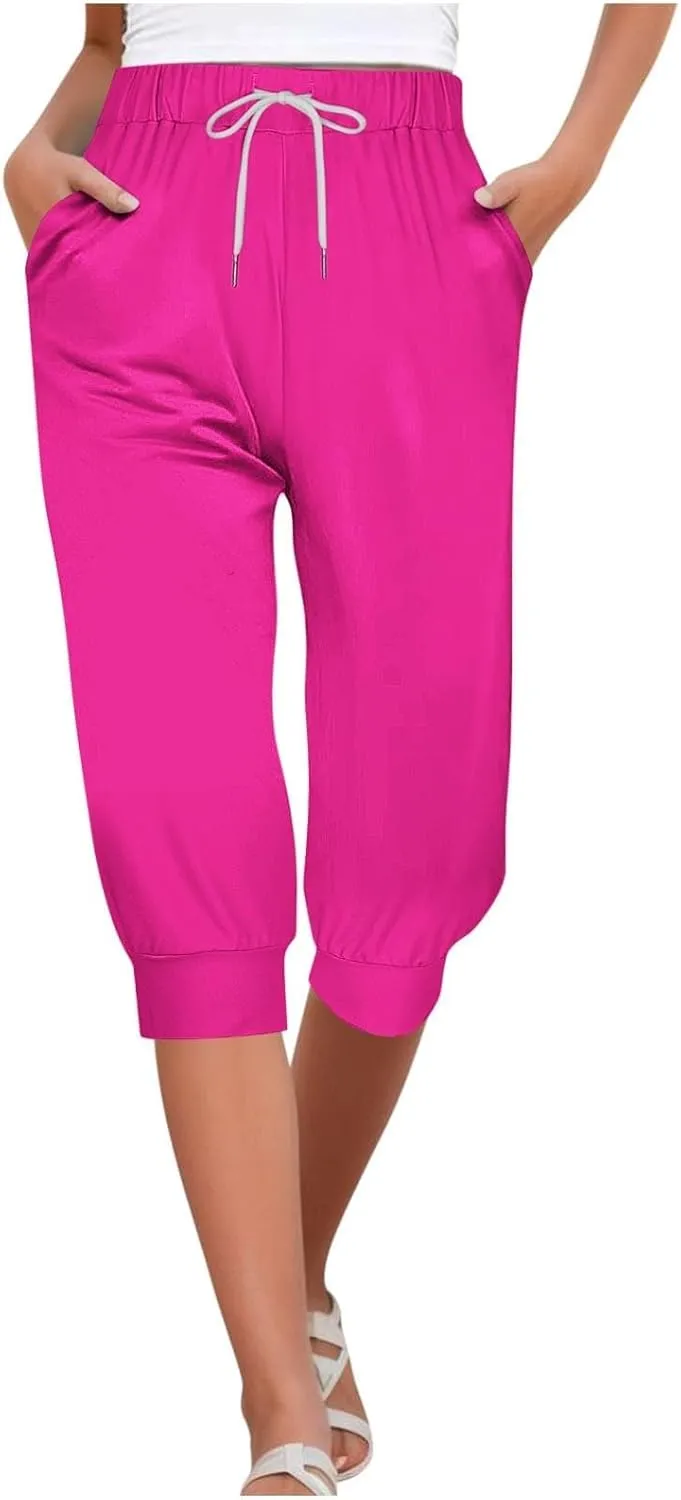 Women's Capri Pants High Waist Drawstring Loose Casual Joggers Summer Lightweight Workout Cropped Pants with Pockets
