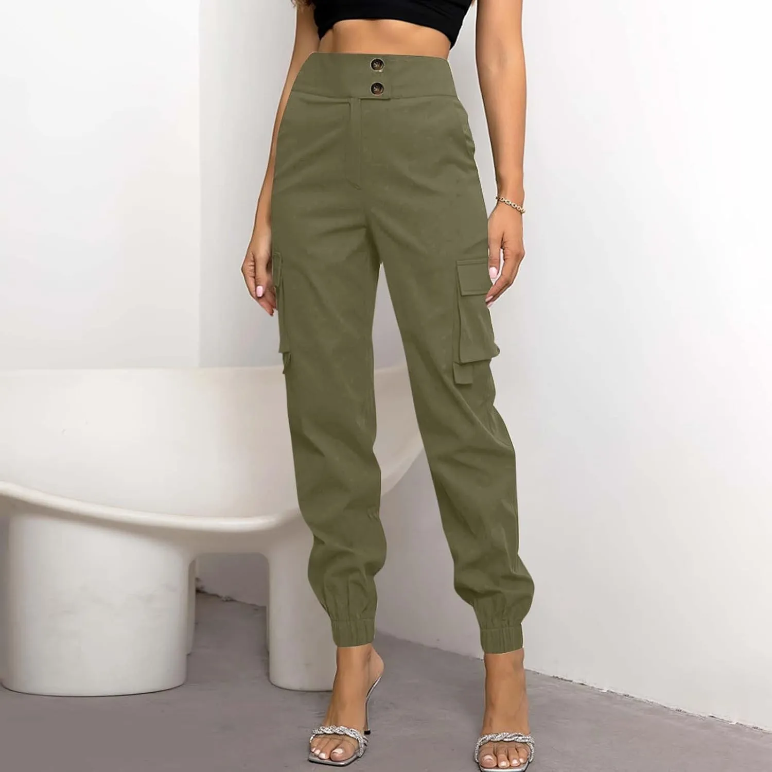 Women's Cargo Jogger Pants with Pockets Casual Button High Waist Slim Fit Workout Athletic Hiking Tapered Trousers